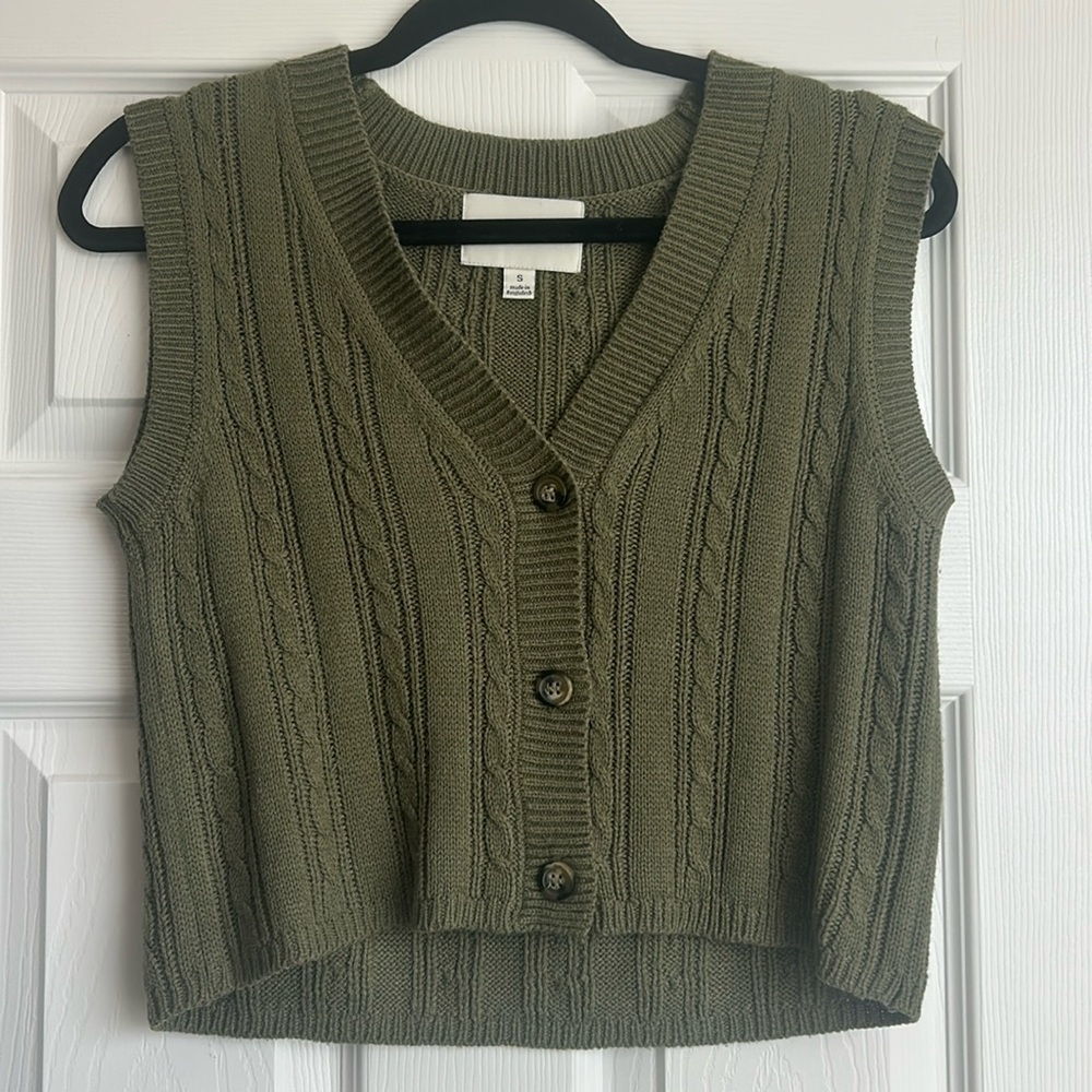 Pink Rose Olive Cable-Knit Button Front Sweater Vest